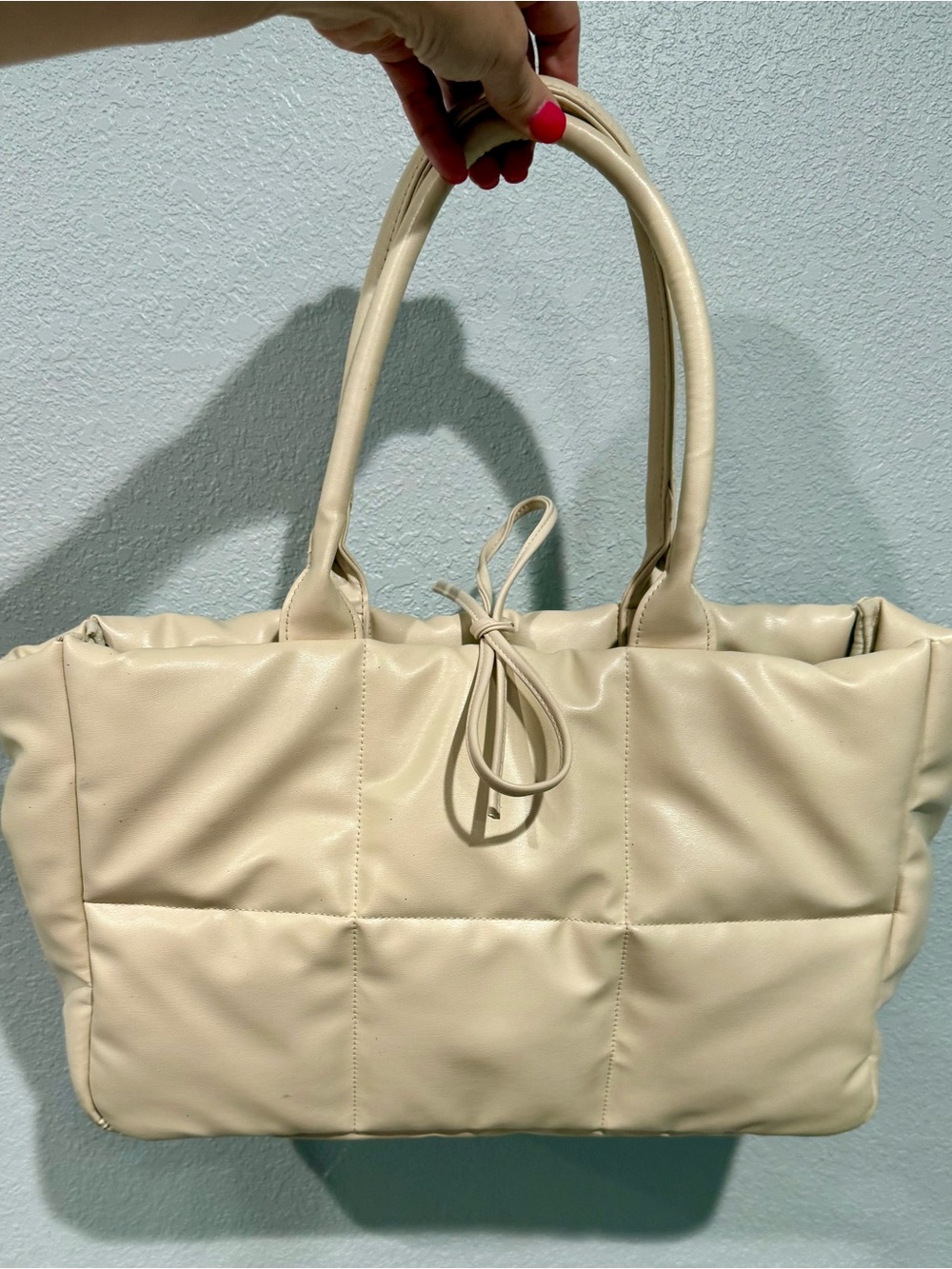 Cream Quilted Puffer Tote Bag with Top Handles and Tie Closure